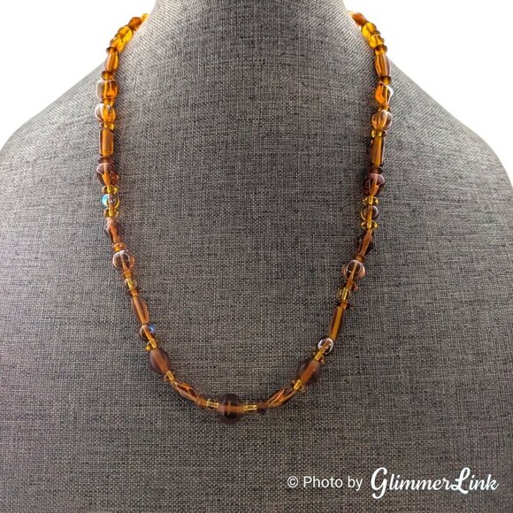 Honey Brown Mixed Bead AB Aurora Borealis Silver Tone Toggle Clasp Necklace - Picture 3 of 12